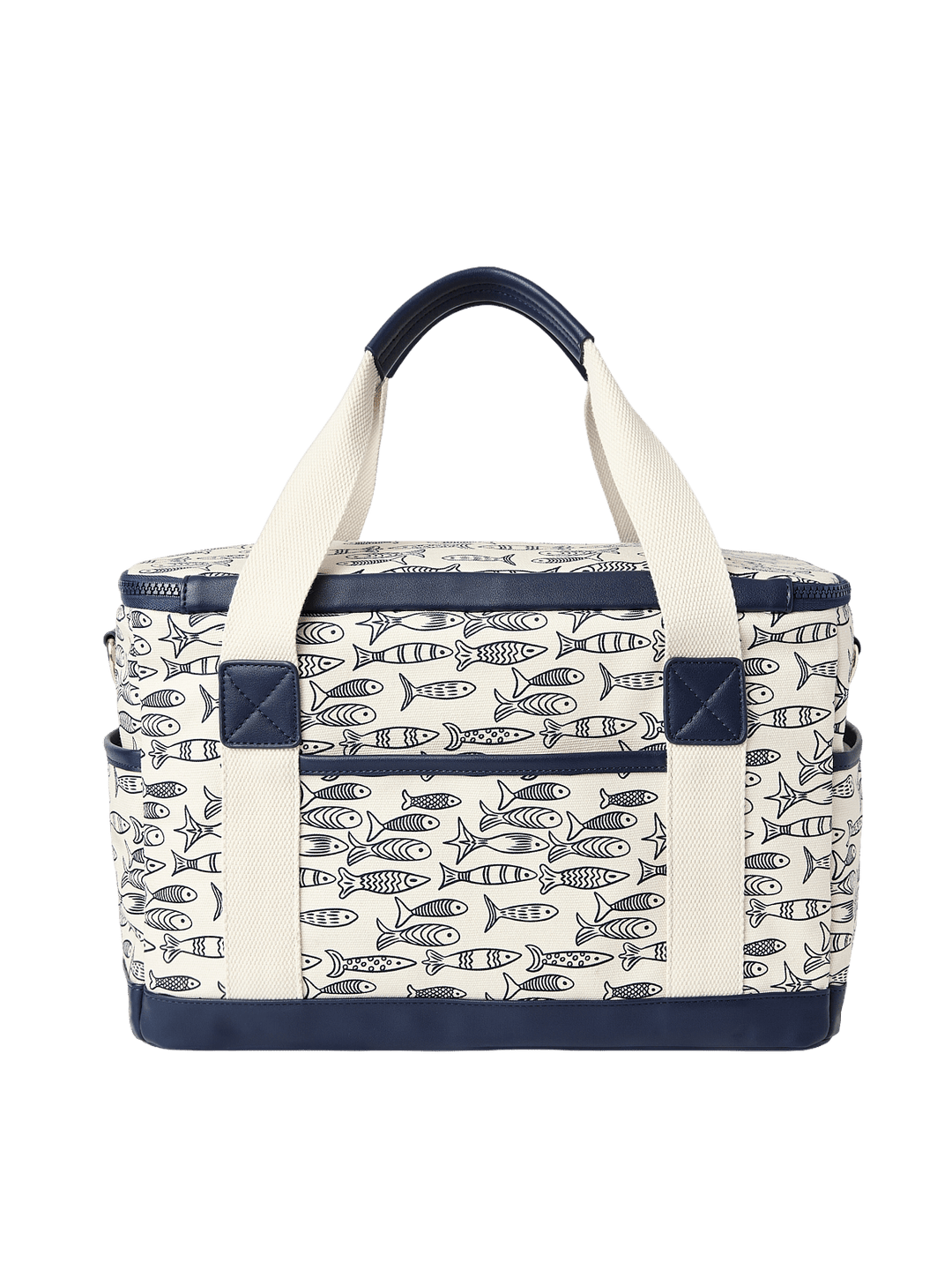Cooler bag with sardine pattern and navy accents