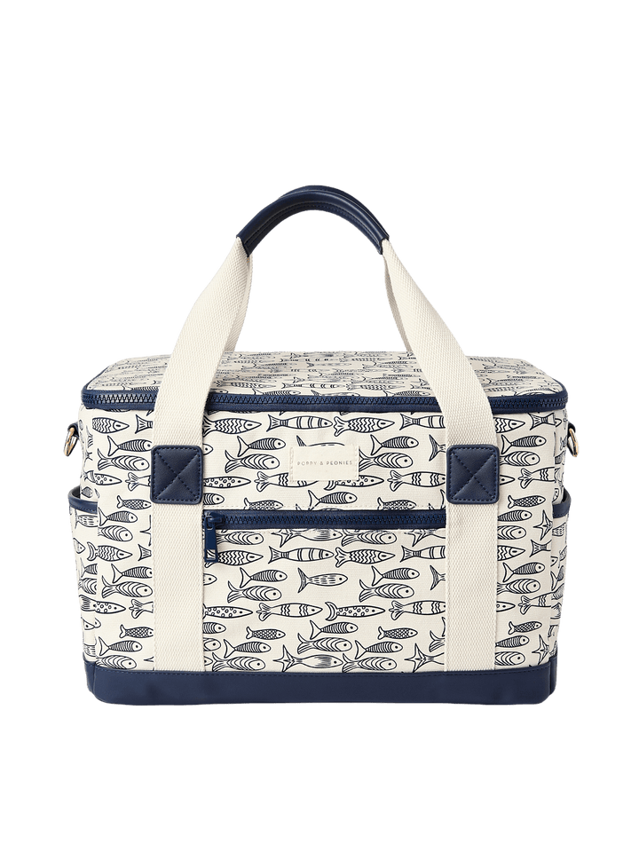 Cooler bag with sardine pattern and navy accents