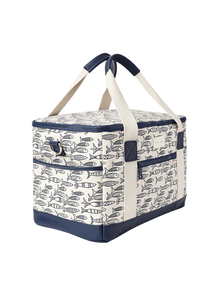 Cooler bag with sardine pattern and navy accents