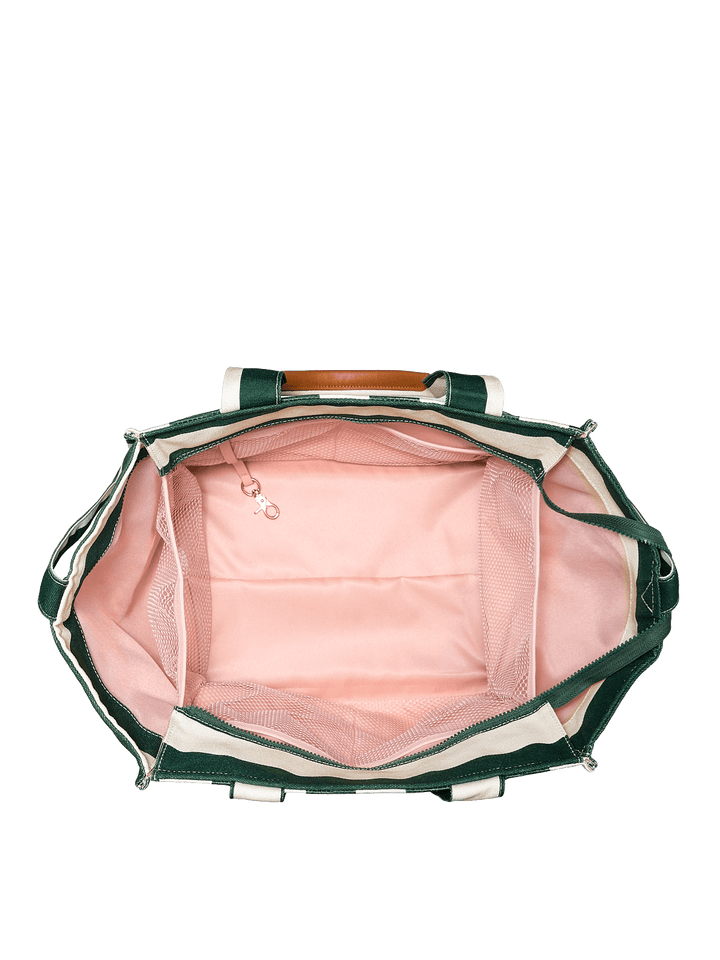 Green and pink striped bag with open interior