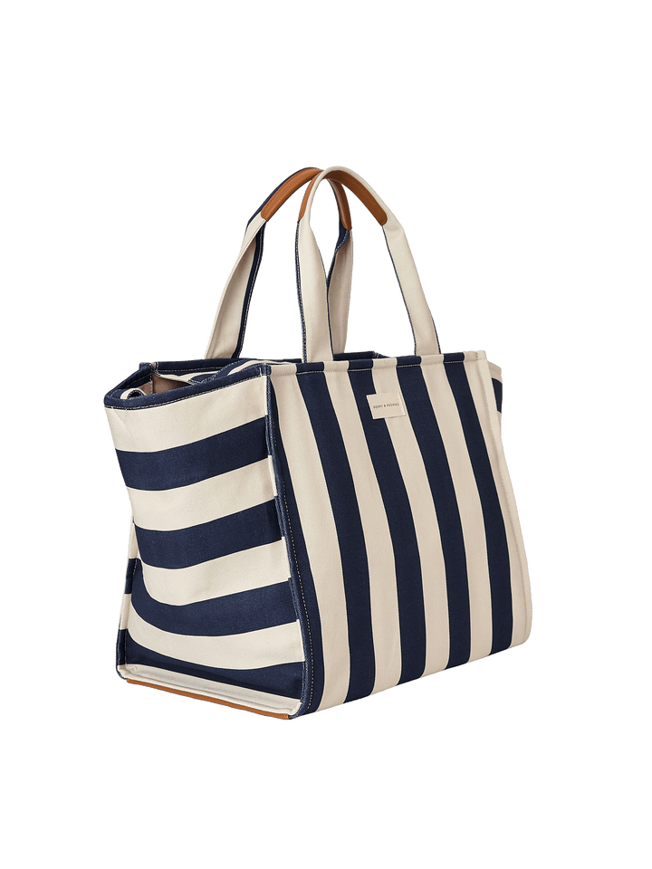 Navy and white striped tote bag