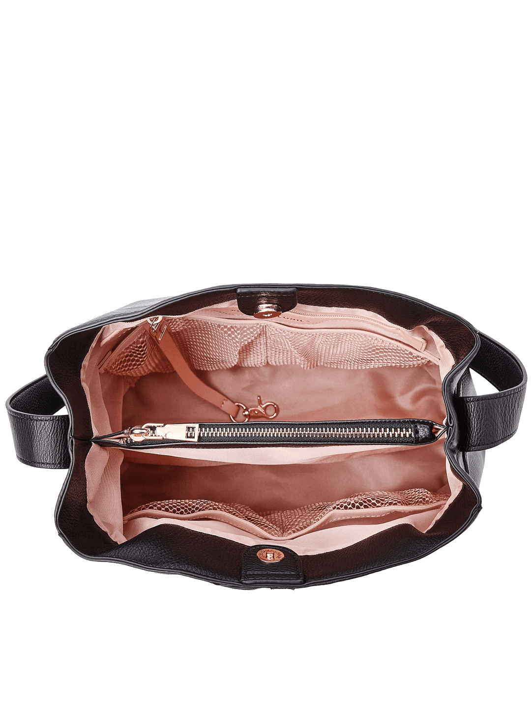 Poppy & Peonies The Knot Shoulder Bag in Black, shown open from above with blush pink lining, a central zippered divider, interior organizer pockets, and gold-tone hardware.