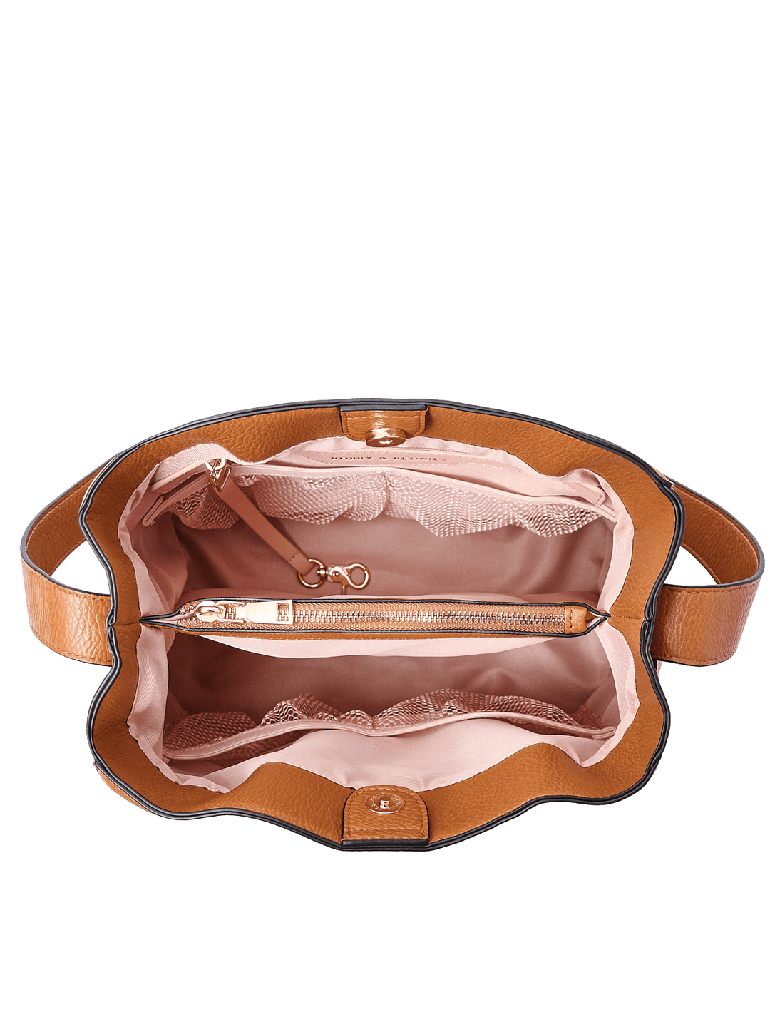 Poppy & Peonies The Knot Shoulder Bag in Cognac, shown open from above with blush pink lining, a central zippered divider, and interior organizer pockets.