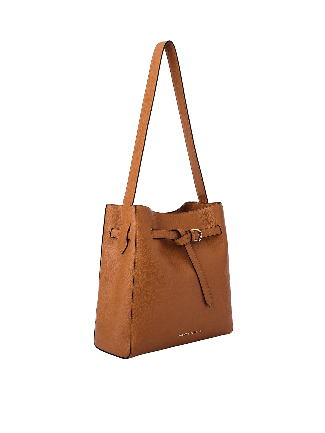 Poppy & Peonies The Knot Shoulder Bag in Cognac, shown from a three-quarter angle highlighting its slim rectangular silhouette, decorative belted buckle, gold-tone hardware, and long shoulder strap.