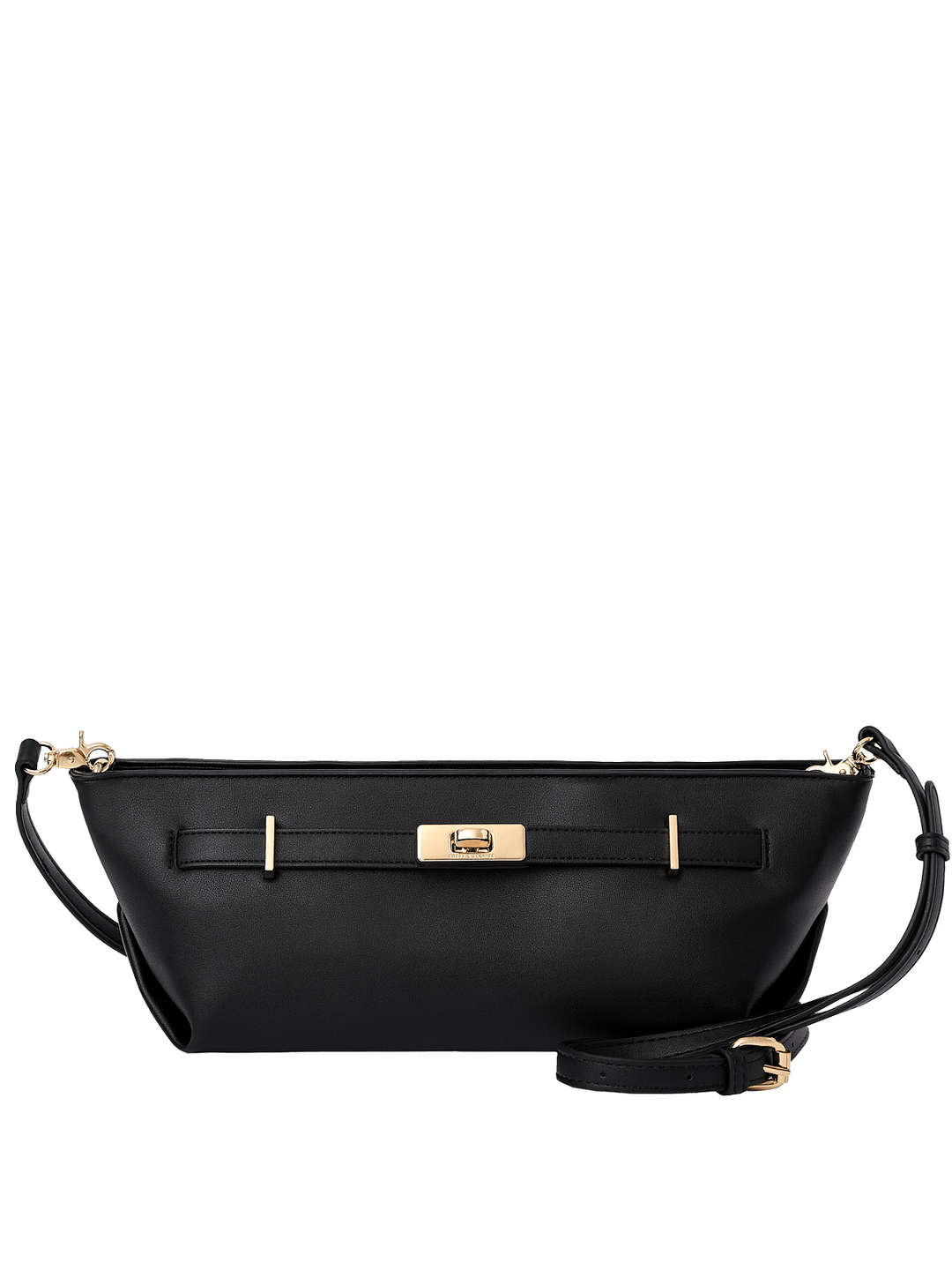 Poppy and Peonies Date Night Clutch Black featuring a sleek rectangular silhouette, smooth black exterior, decorative front strap with gold-tone turn-lock closure, adjustable detachable shoulder strap, and gold-tone hardware.