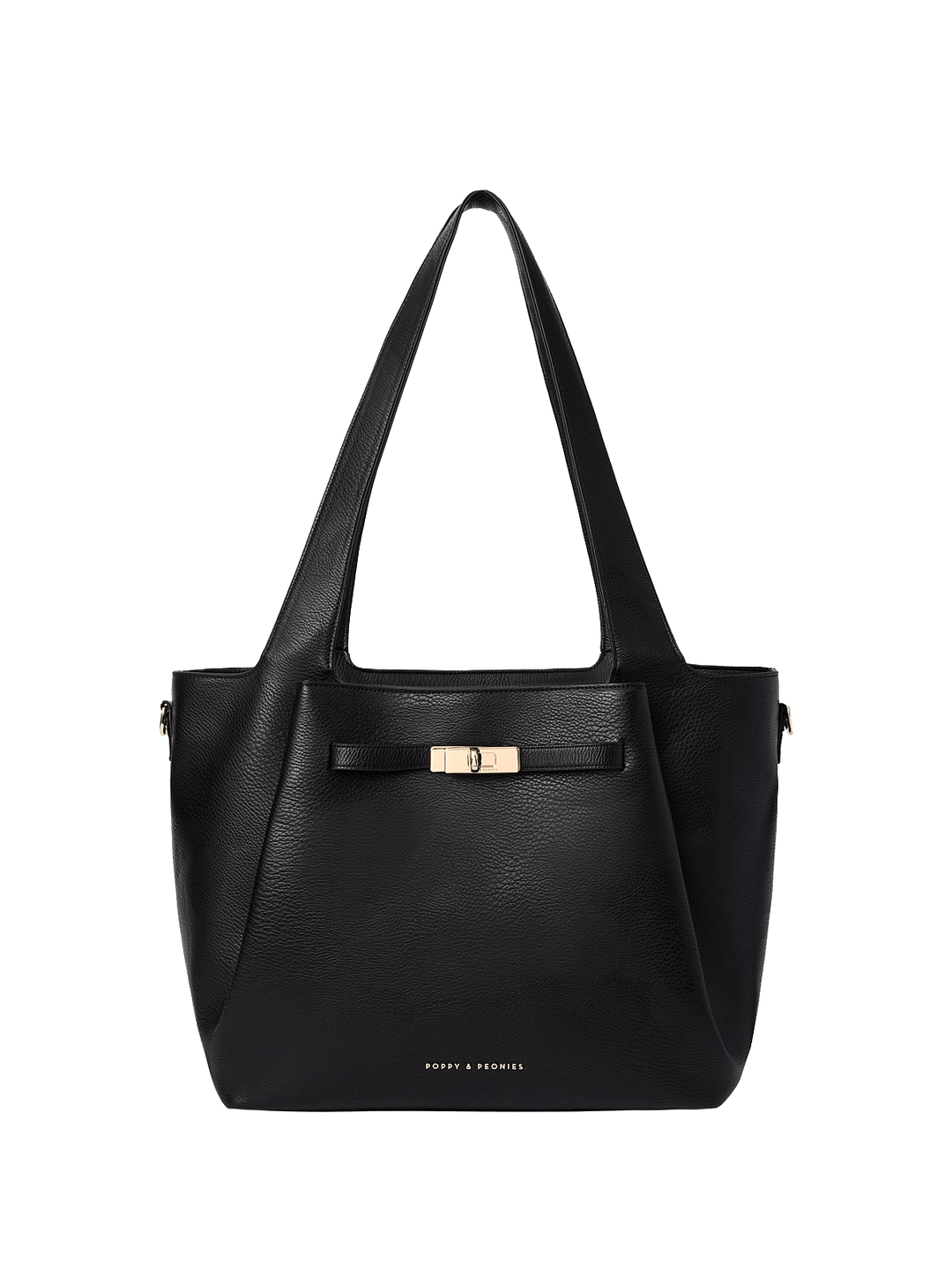 Black handbag with a gold clasp on a transparent background