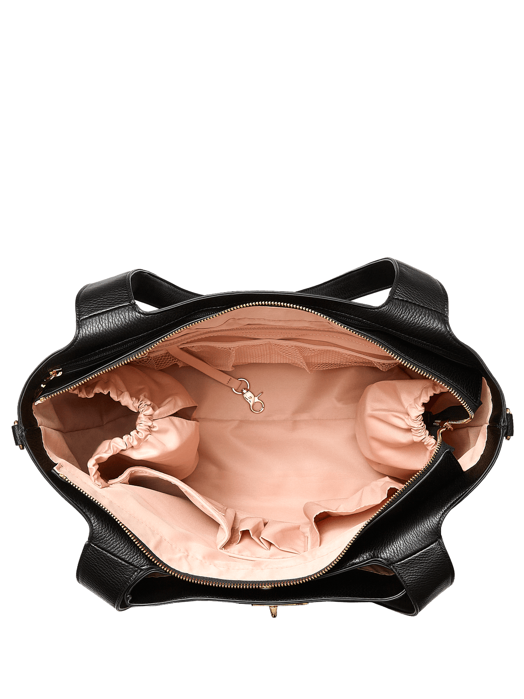 Black handbag with pink interior on a transparent background