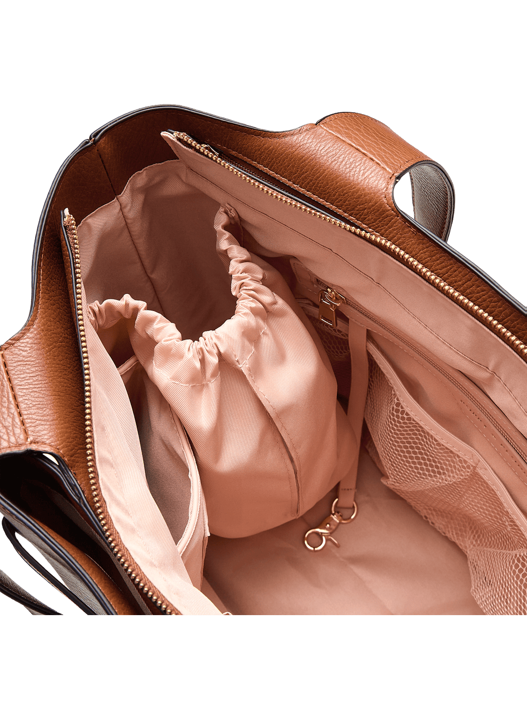 Brown handbag with a pink interior on a transparent background