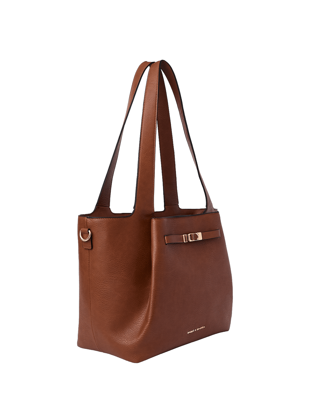 Brown vegan leather handbag with gold accents on a transparent background