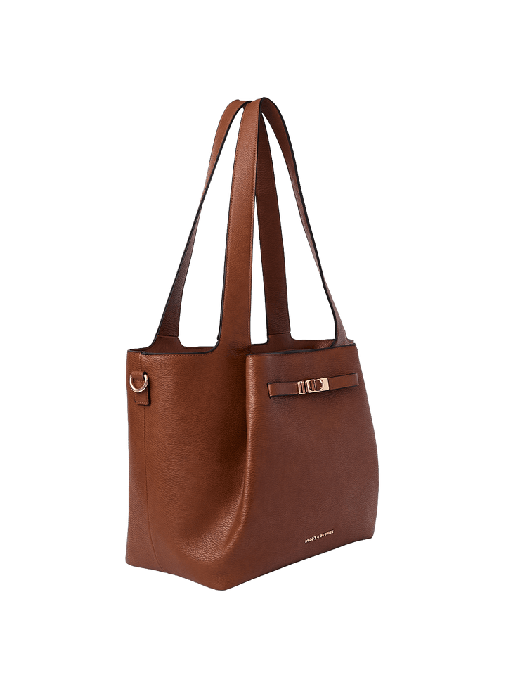 Brown vegan leather handbag with gold accents on a transparent background
