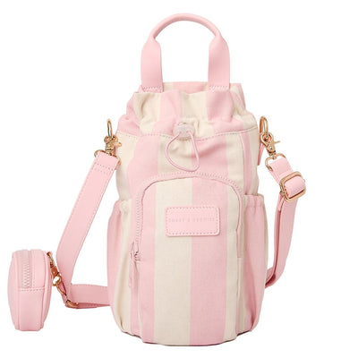 Front of a pink stripe Poppy and Peonies beverage bag