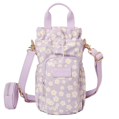 Front of a violet floral Poppy and Peonies beverage bag