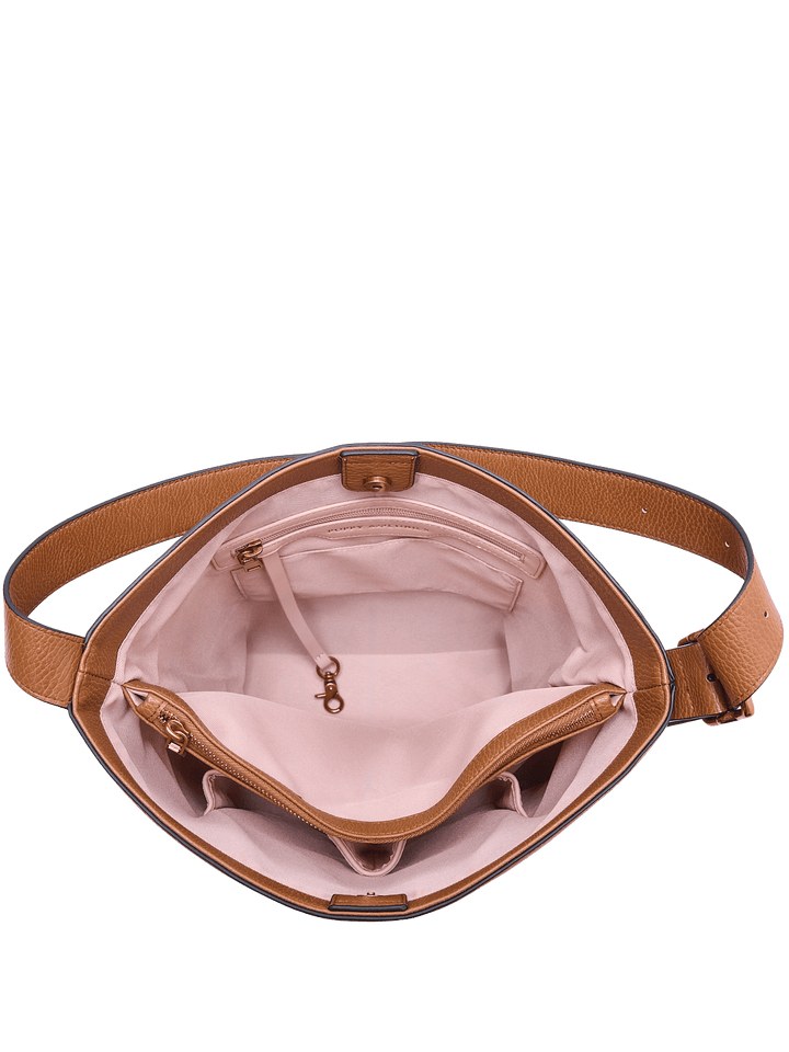 Open brown vegan leather bucket bag with pink interior