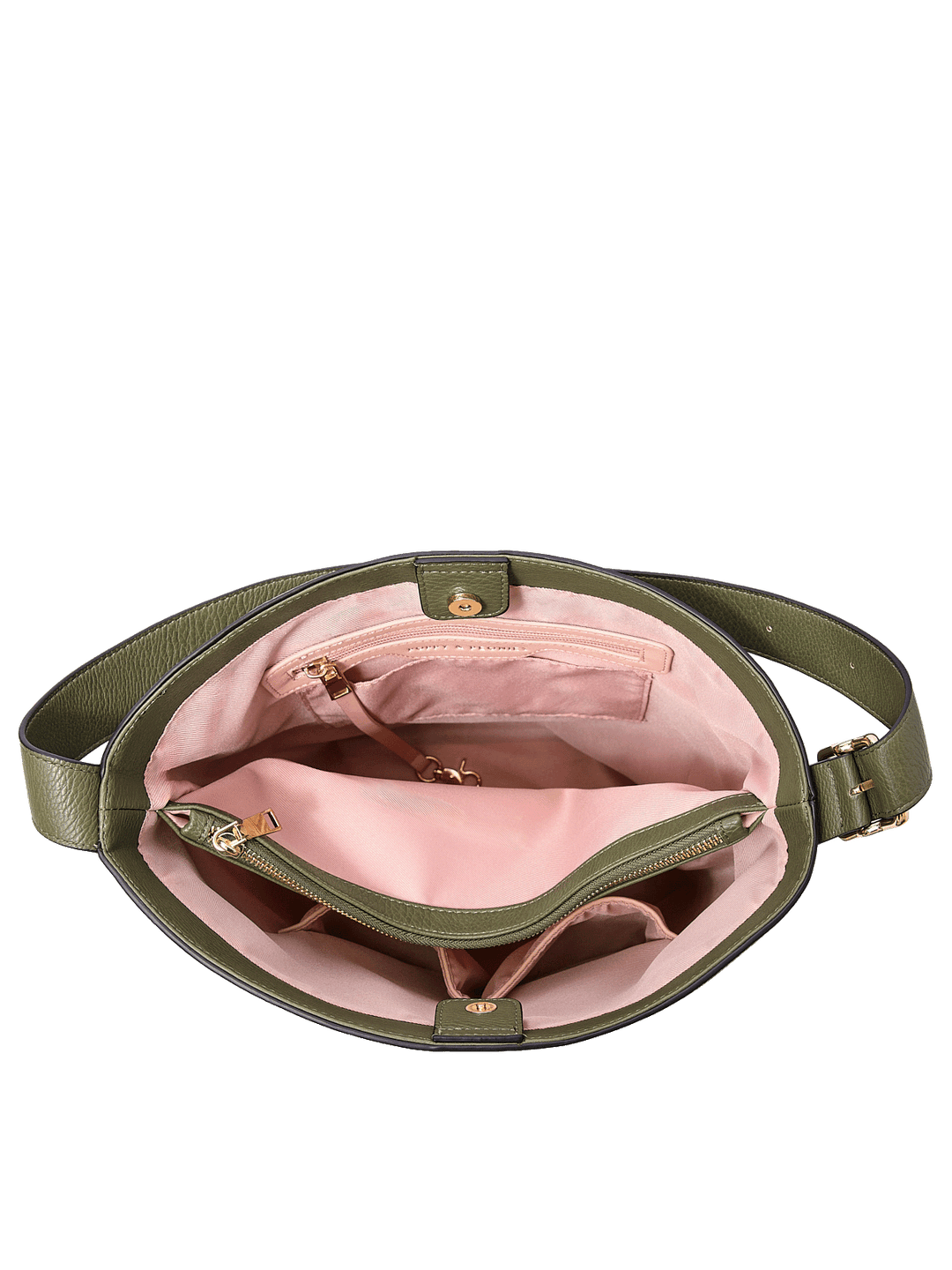 Interior of the Bucket Bag in Olive showing zip compartment and organization pockets