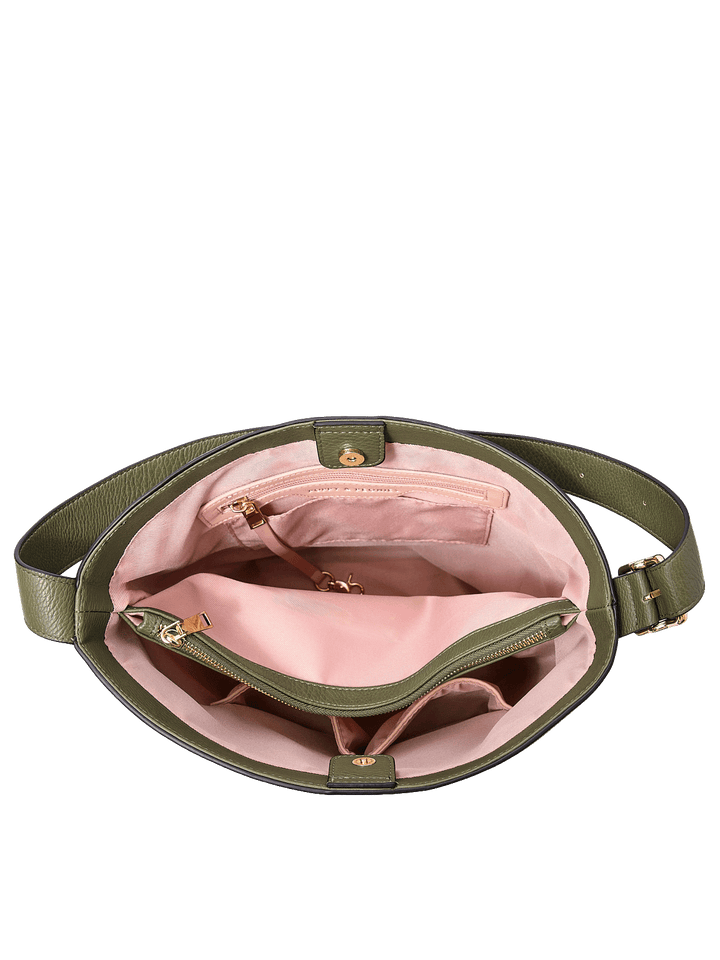 Interior of the Bucket Bag in Olive showing zip compartment and organization pockets