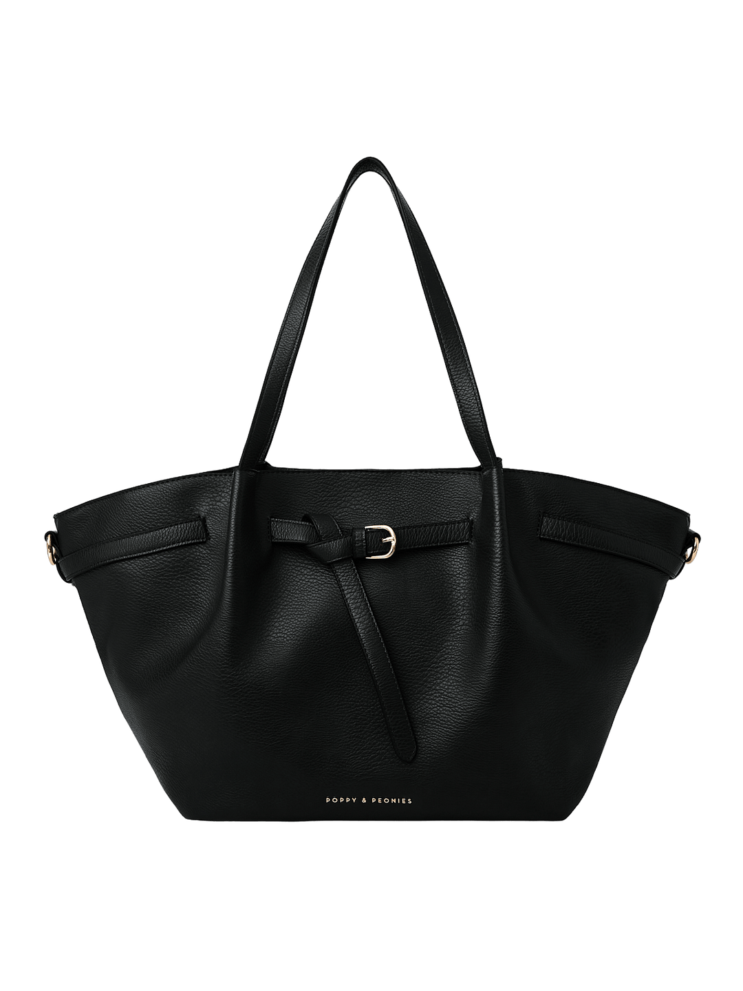 Poppy & Peonies The Knot Tote in Black, featuring a black pebbled exterior, decorative belted detail with gold-tone buckle, long shoulder handles, and a spacious trapezoid silhouette.
