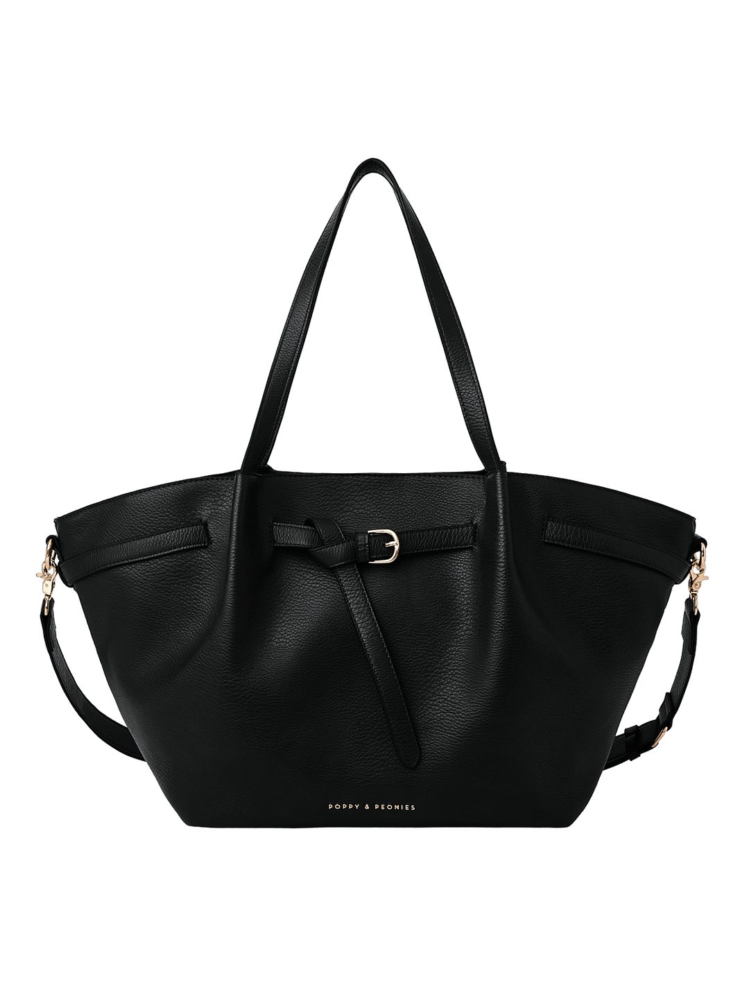 Poppy & Peonies The Knot Tote in Black, featuring a decorative belted buckle, long shoulder handles, and an additional shoulder strap against a white background.