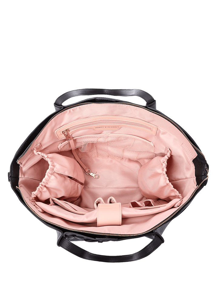 Poppy & Peonies The Knot Tote in Black, shown open from above with blush pink lining, multiple compartments, and built-in organizer pockets.
