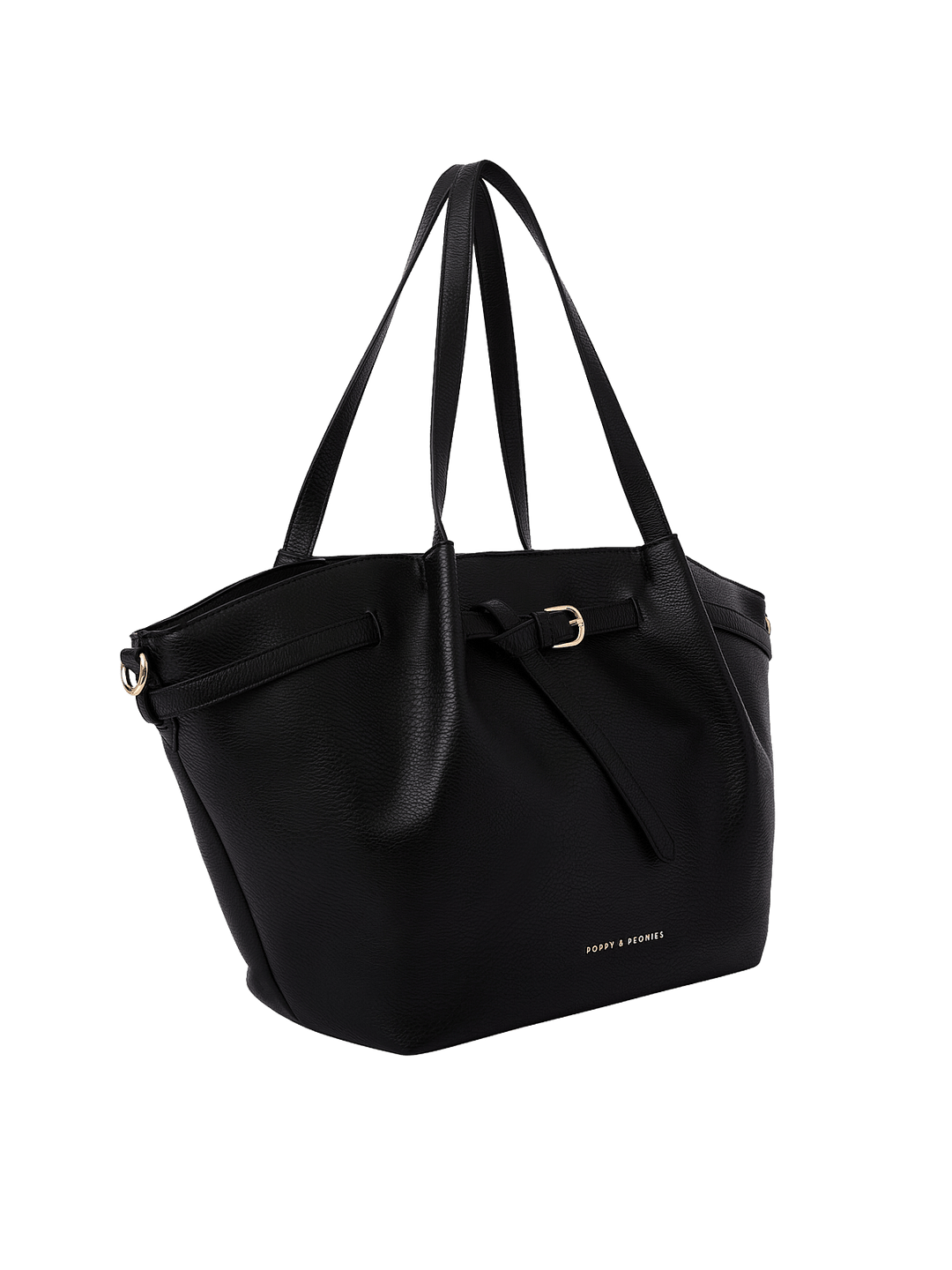 Poppy & Peonies The Knot Tote in Black, shown from a three-quarter angle highlighting its roomy trapezoid shape, decorative belted detail, long shoulder handles, and gold-tone hardware.