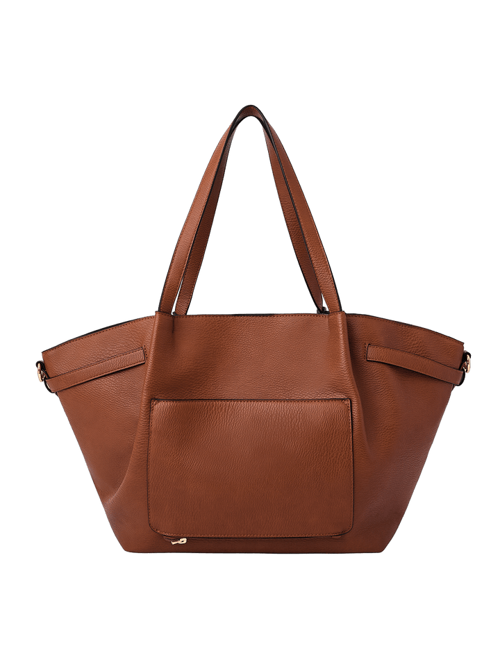 Poppy & Peonies The Knot Tote in Chestnut, featuring a rich brown pebbled exterior, long shoulder handles, and a large exterior back slip pocket.