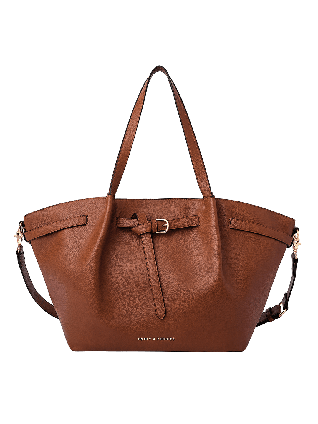 Poppy & Peonies The Knot Tote in Chestnut, showcasing its structured trapezoid shape, decorative belted buckle, long top handles, and detachable shoulder strap.