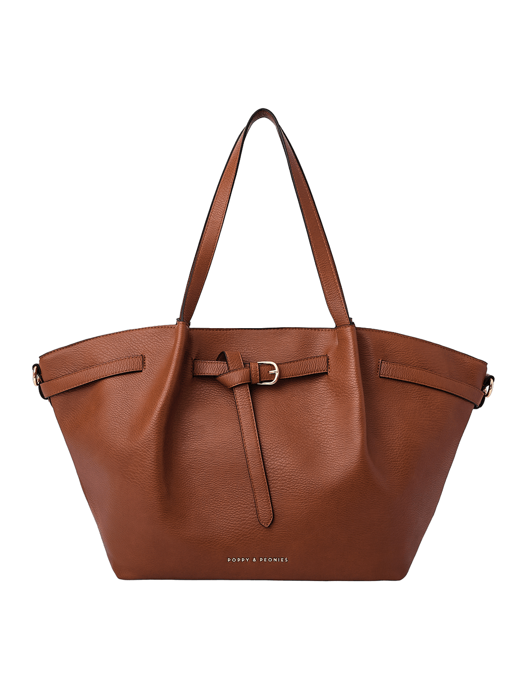 Poppy & Peonies The Knot Tote in Chestnut, featuring a rich brown pebbled exterior, decorative belted detail with gold-tone buckle, long shoulder straps, and a spacious trapezoid silhouette.