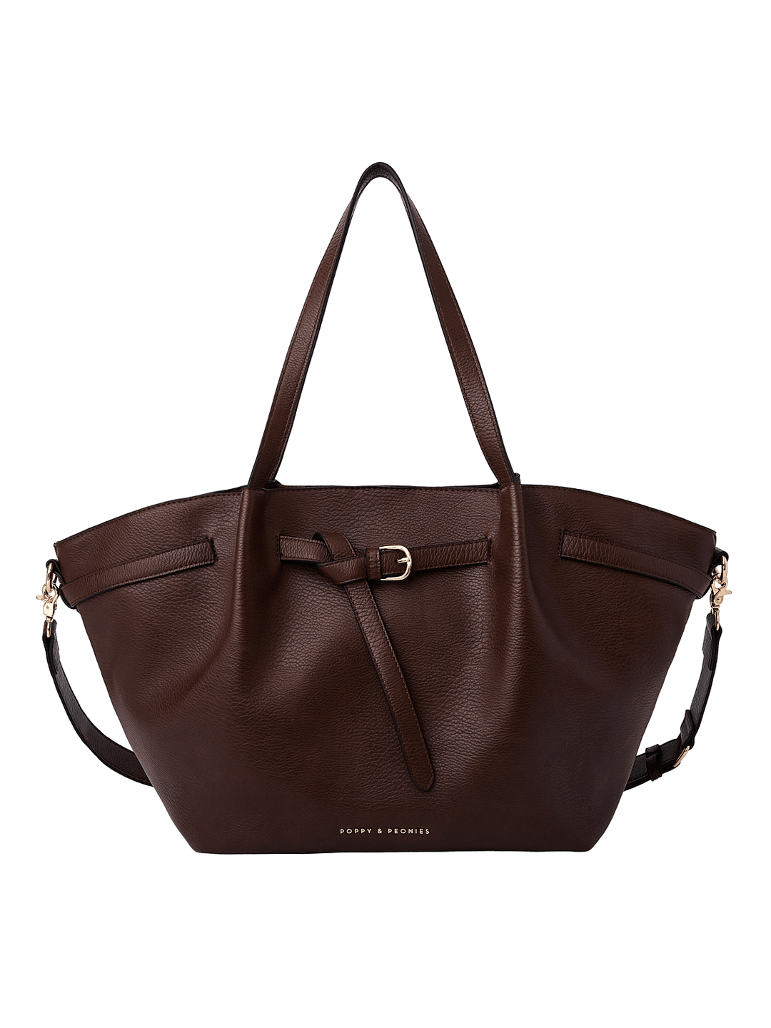 Poppy & Peonies The Knot Tote in Espresso, showcasing its decorative belted buckle, long shoulder handles, and detachable shoulder strap against a white background.