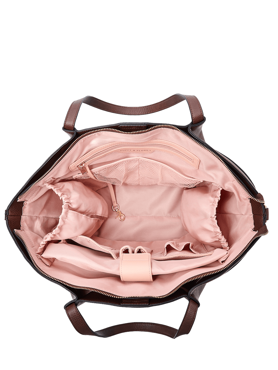 Poppy & Peonies The Knot Tote in Espresso, shown open from above with blush pink lining, multiple compartments, and built-in organizer pockets.