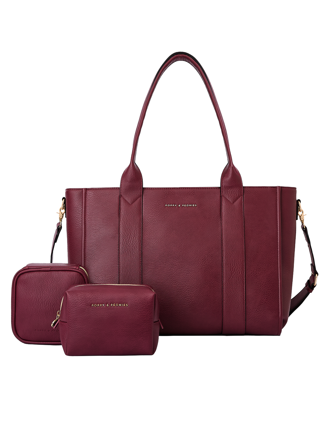 Poppy & Peonies Multitasker Bundle in Berry featuring the Multitasker Bag, Teched Out Case, and Cosmetic Case.