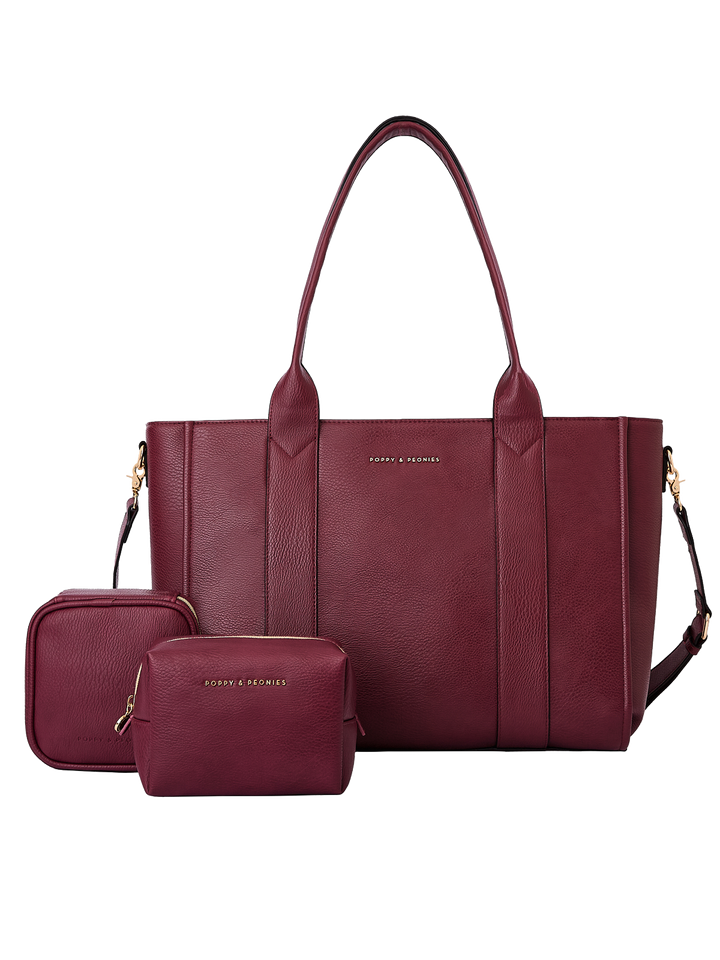Poppy & Peonies Multitasker Bundle in Berry featuring the Multitasker Bag, Teched Out Case, and Cosmetic Case.