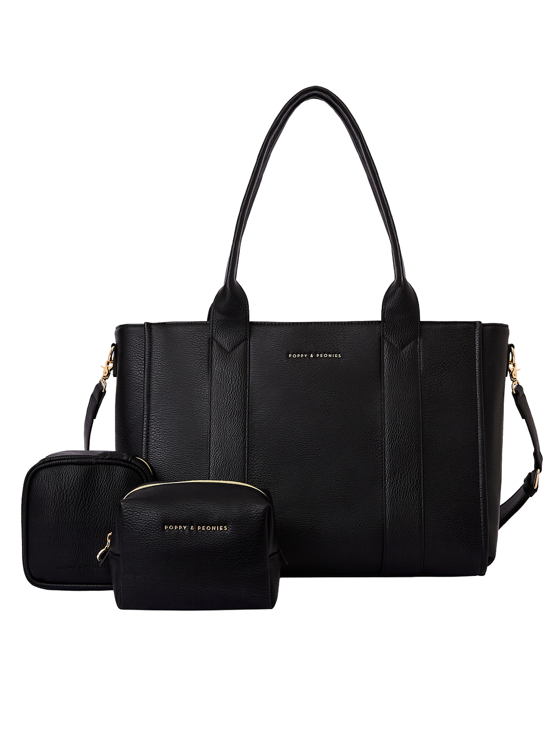 Poppy & Peonies Multitasker Bundle in Black featuring the Multitasker Bag, Teched Out Case, and Cosmetic Case.