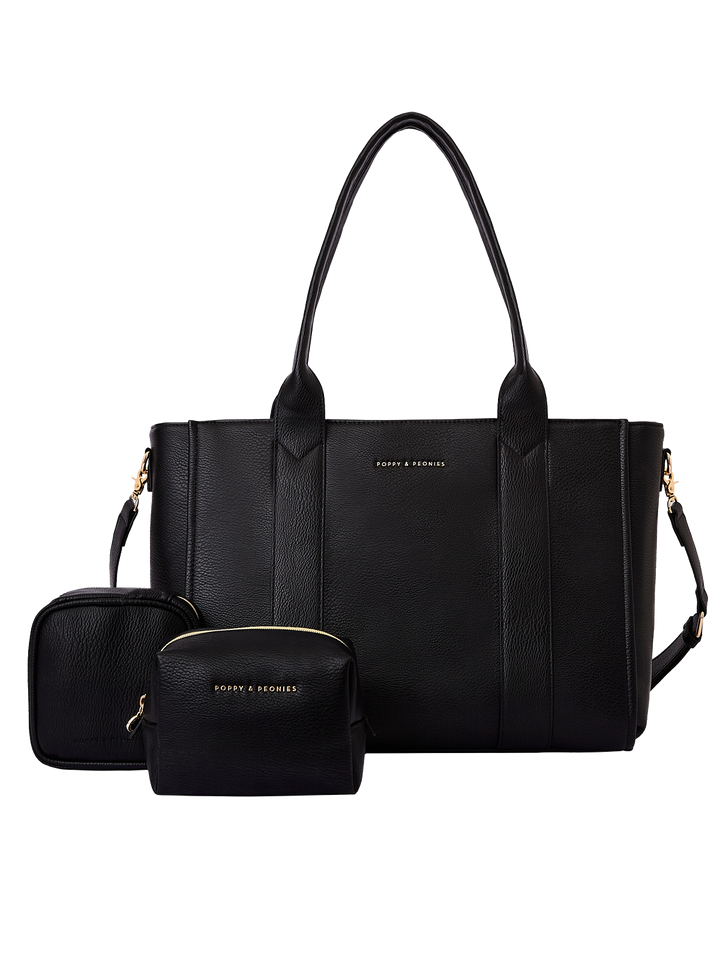 Poppy & Peonies Multitasker Bundle in Black featuring the Multitasker Bag, Teched Out Case, and Cosmetic Case.