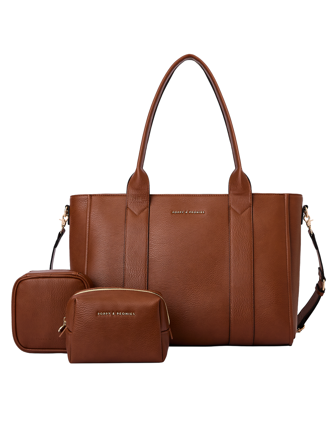 Poppy & Peonies Multitasker Bundle in Chestnut featuring the Multitasker Bag, Teched Out Case, and Cosmetic Case.