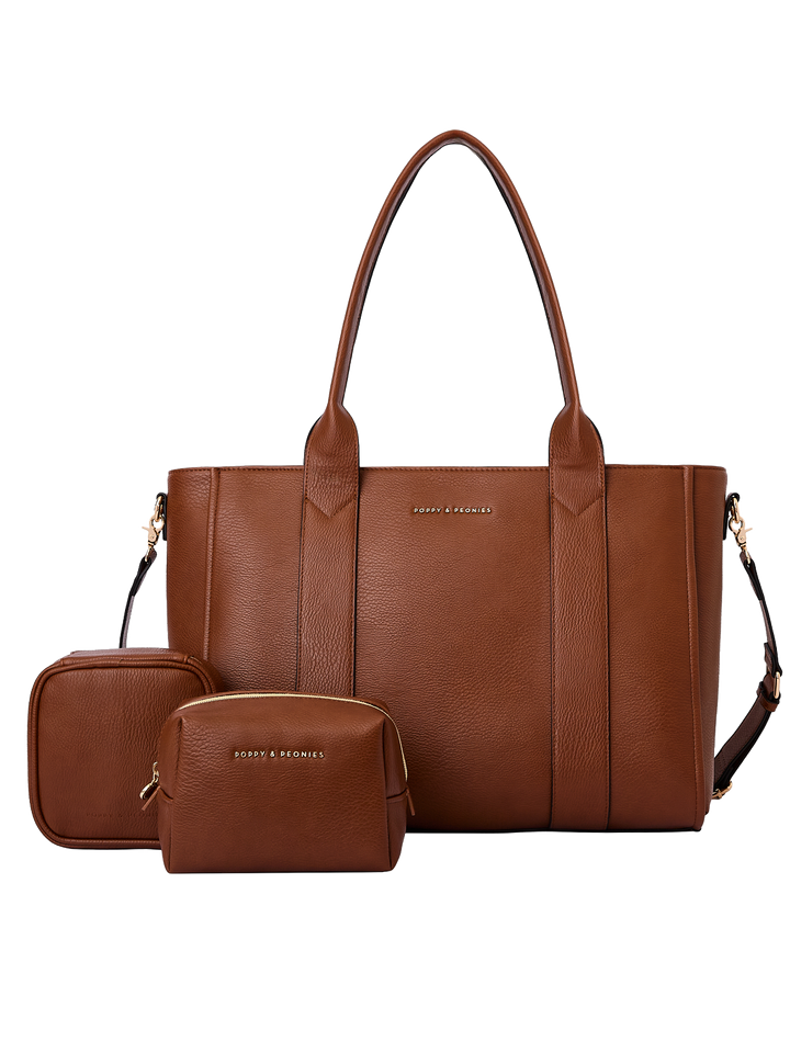 Poppy & Peonies Multitasker Bundle in Chestnut featuring the Multitasker Bag, Teched Out Case, and Cosmetic Case.