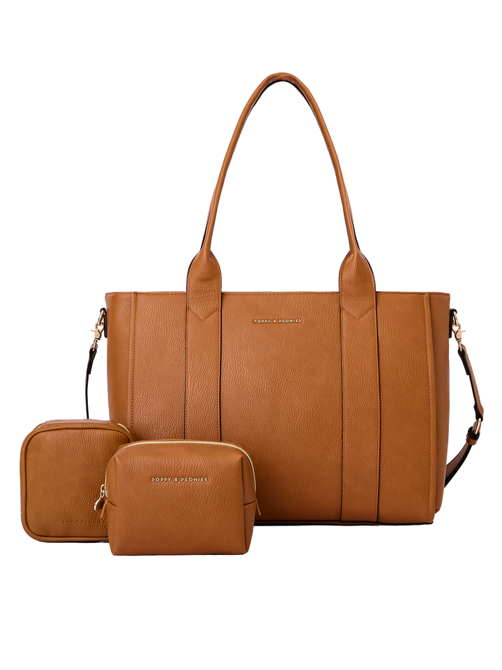 Poppy & Peonies Multitasker Bundle in Cognac featuring the Multitasker Bag, Teched Out Case, and Cosmetic Case.