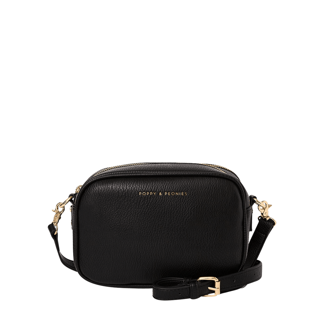 Black vegan leather handbag with gold hardware