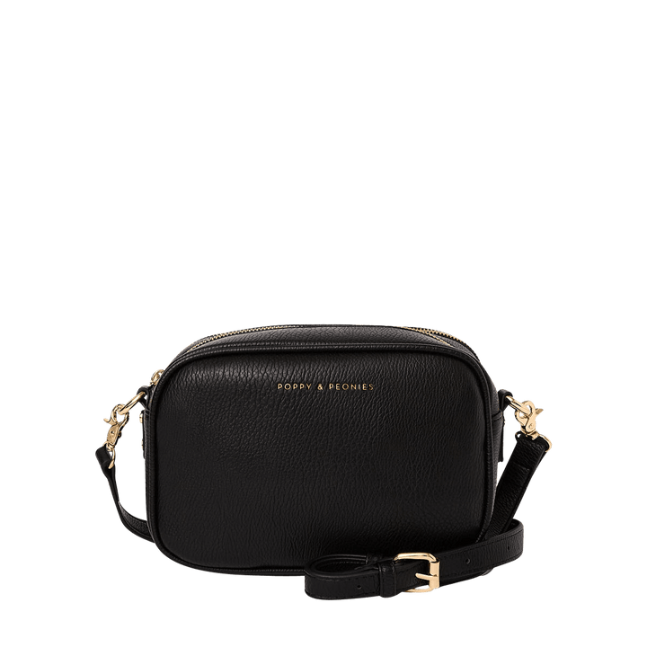 Black vegan leather handbag with gold hardware