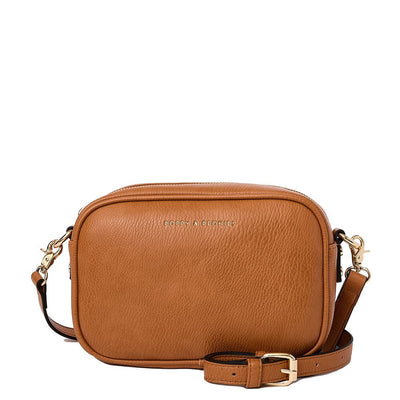 Front of a cognac coloured Poppy and Peonies crossbody bag