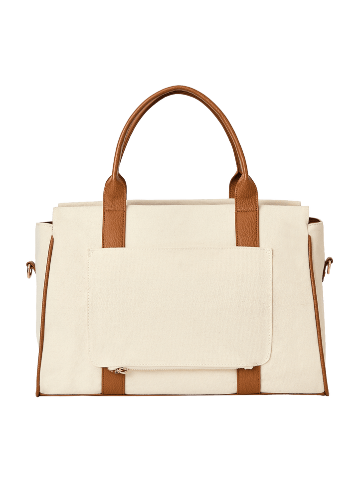 Natural canvas handbag with brown handles and trim 