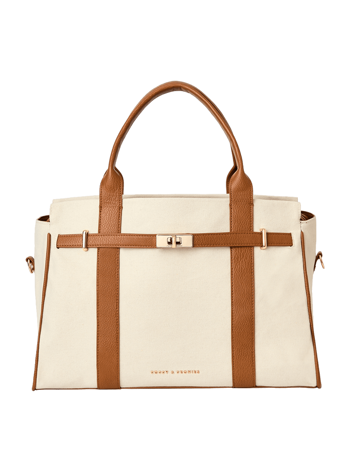 White handbag with brown handles and straps 