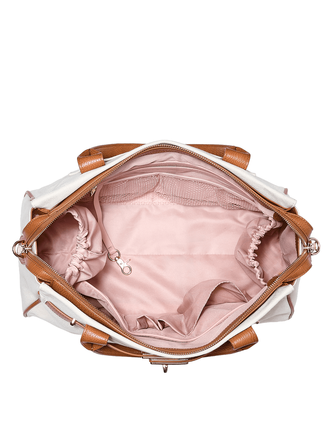 White handbag with brown vegan leather straps and trim, open to reveal pink interior.