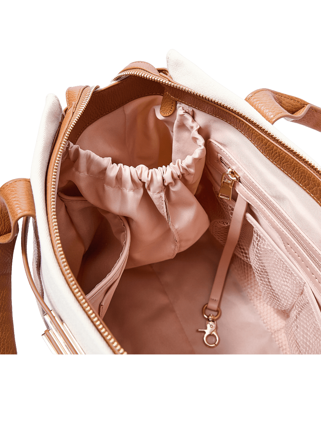 Close-up of a cup holder in a beige handbag with a pink interior and gold clasp.