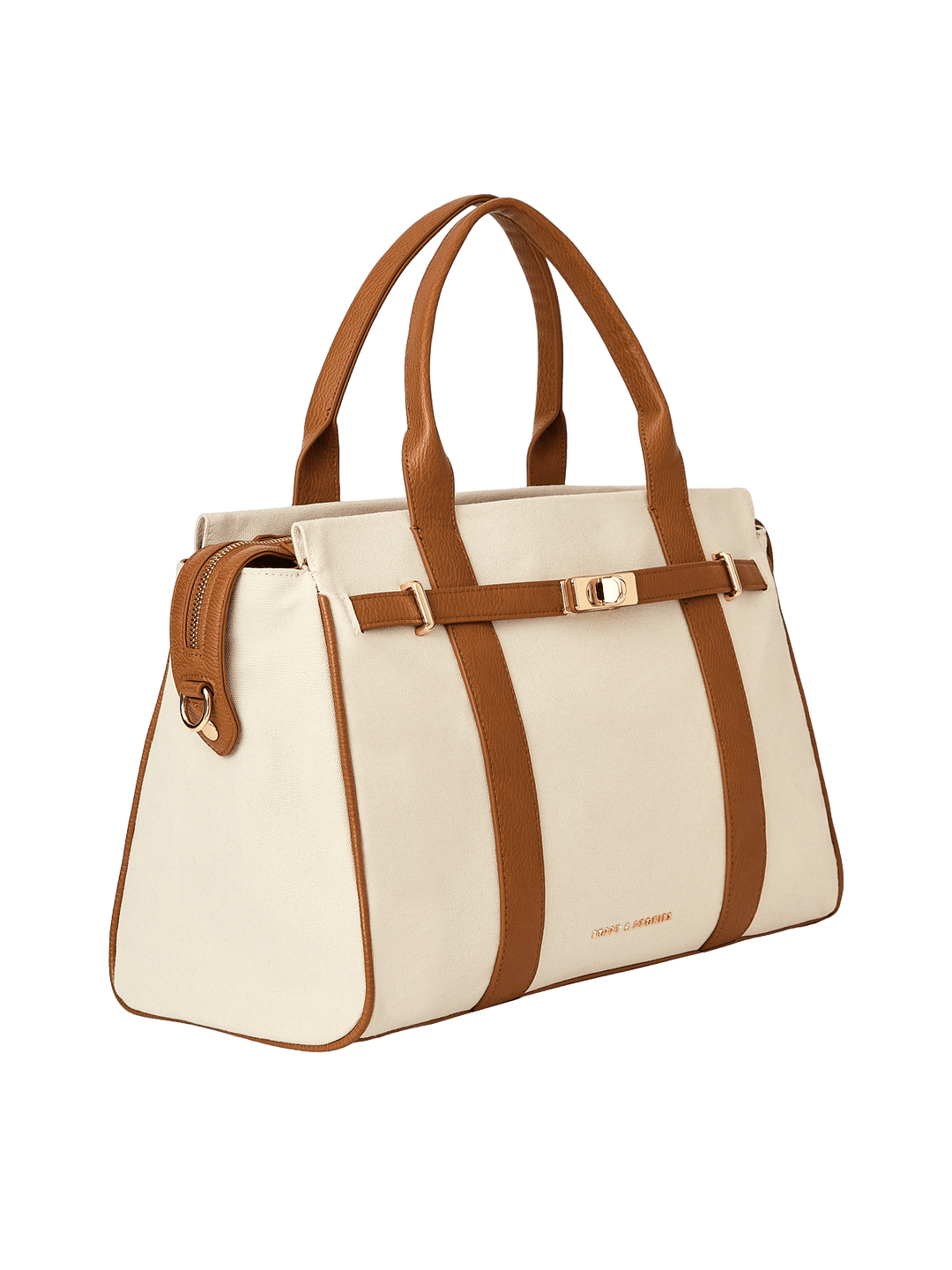 White handbag with brown vegan leather straps and trim