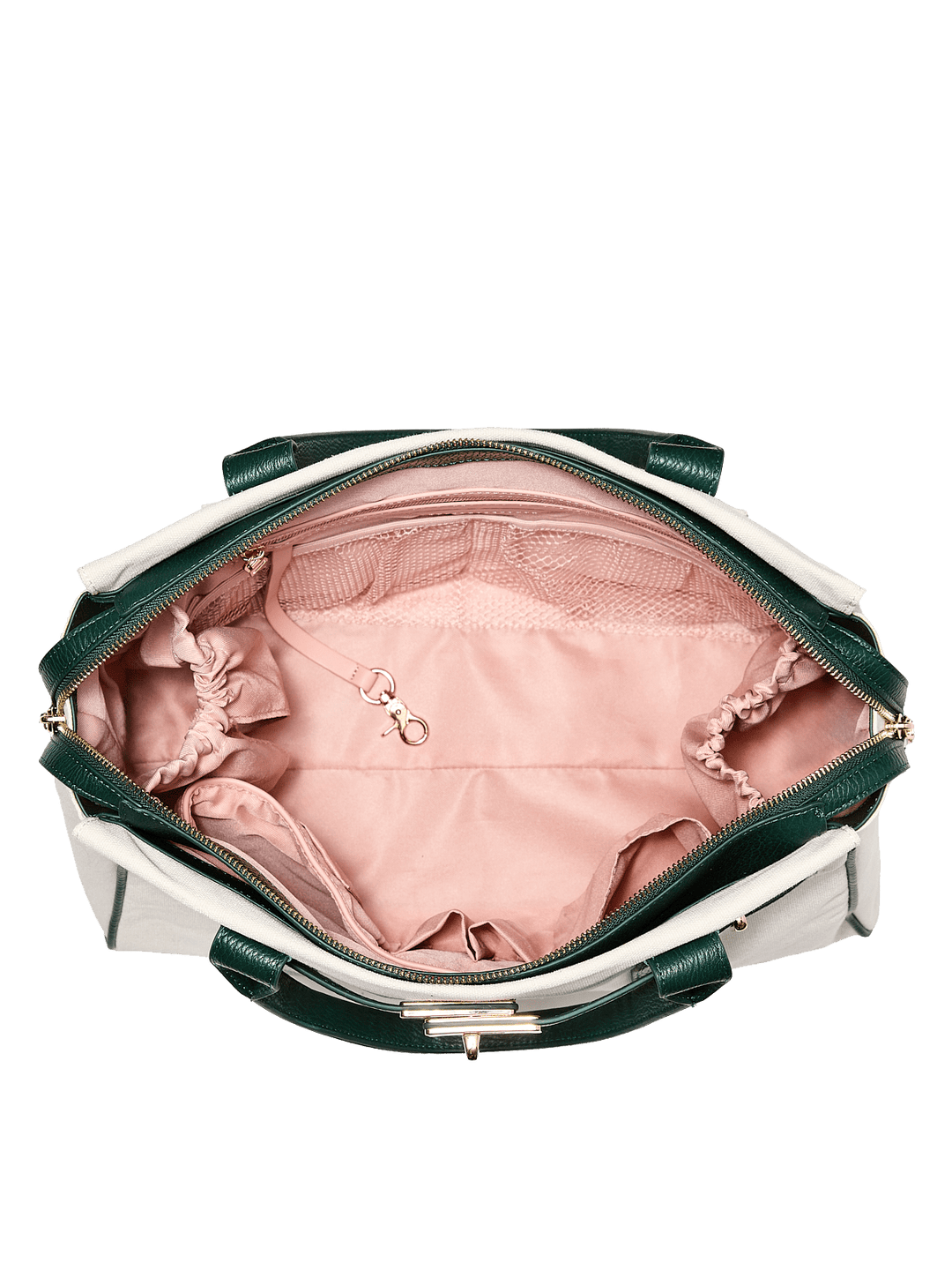 Green and white handbag with pink interior