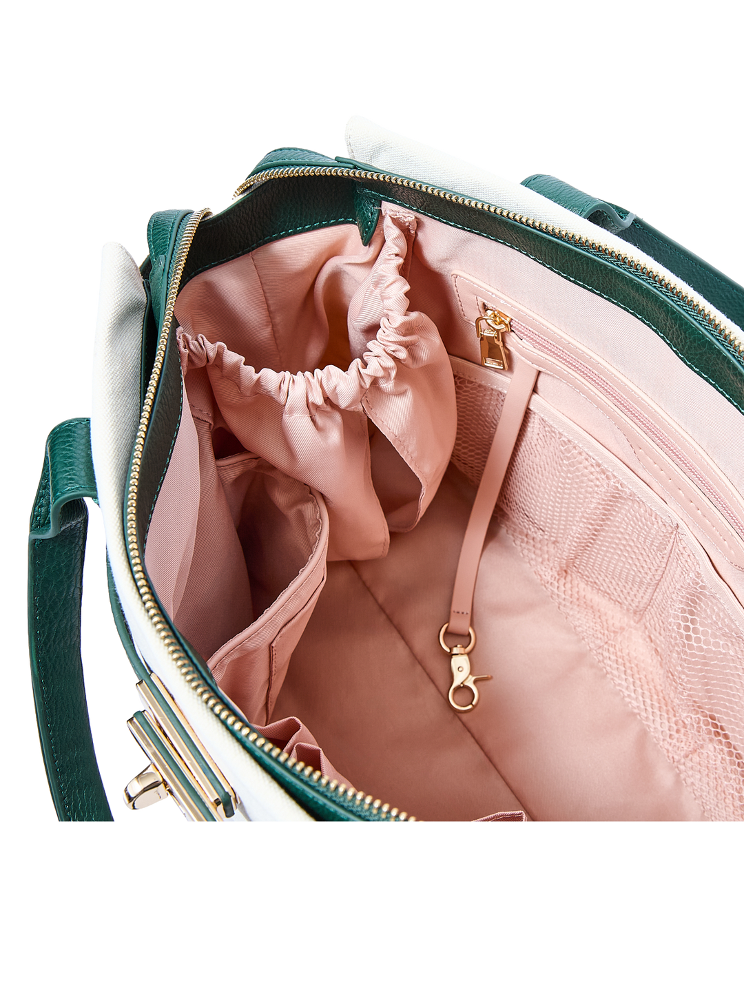 Interior of a handbag with a built in Stanley cup holder 