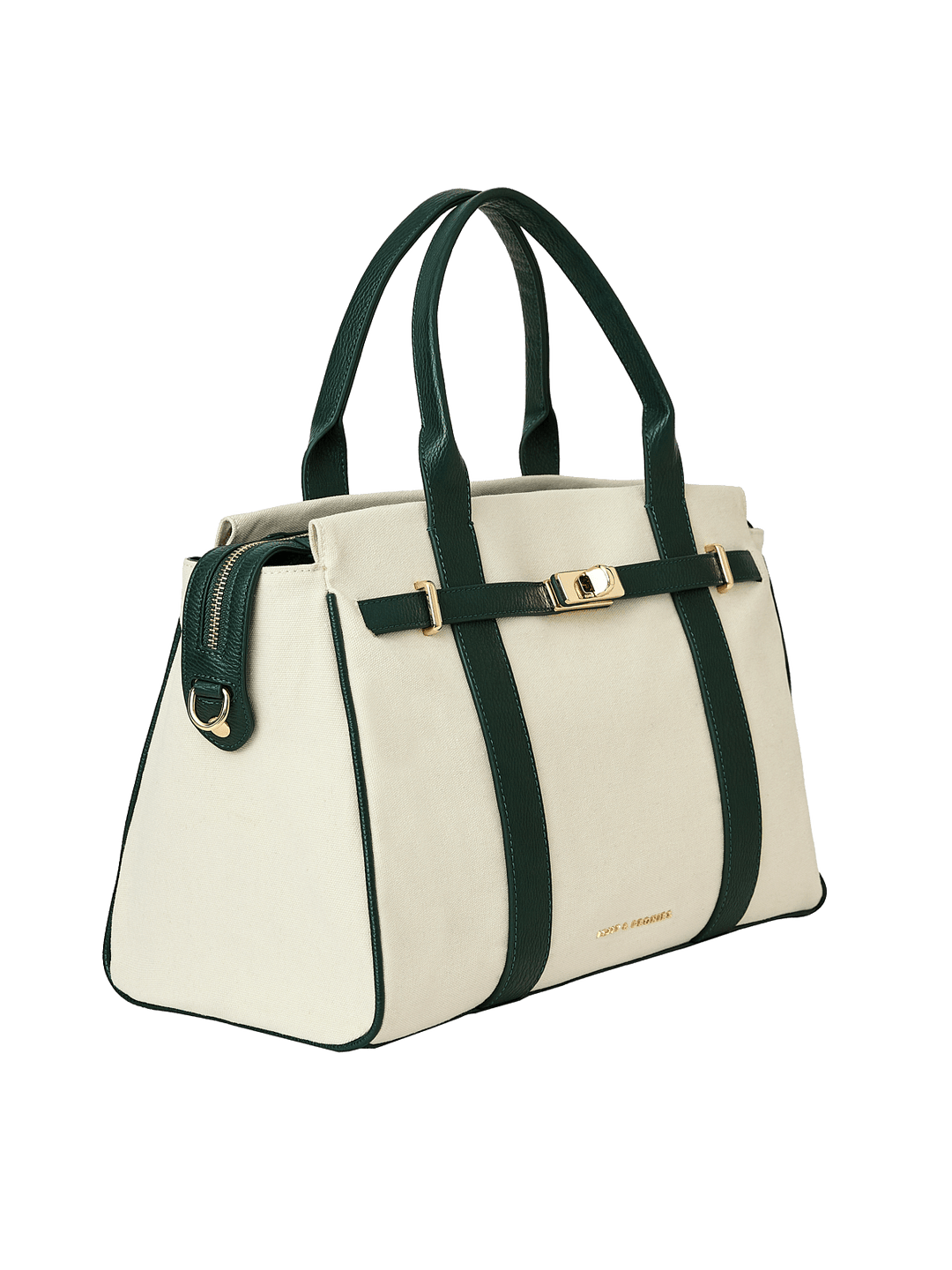 White handbag with green straps