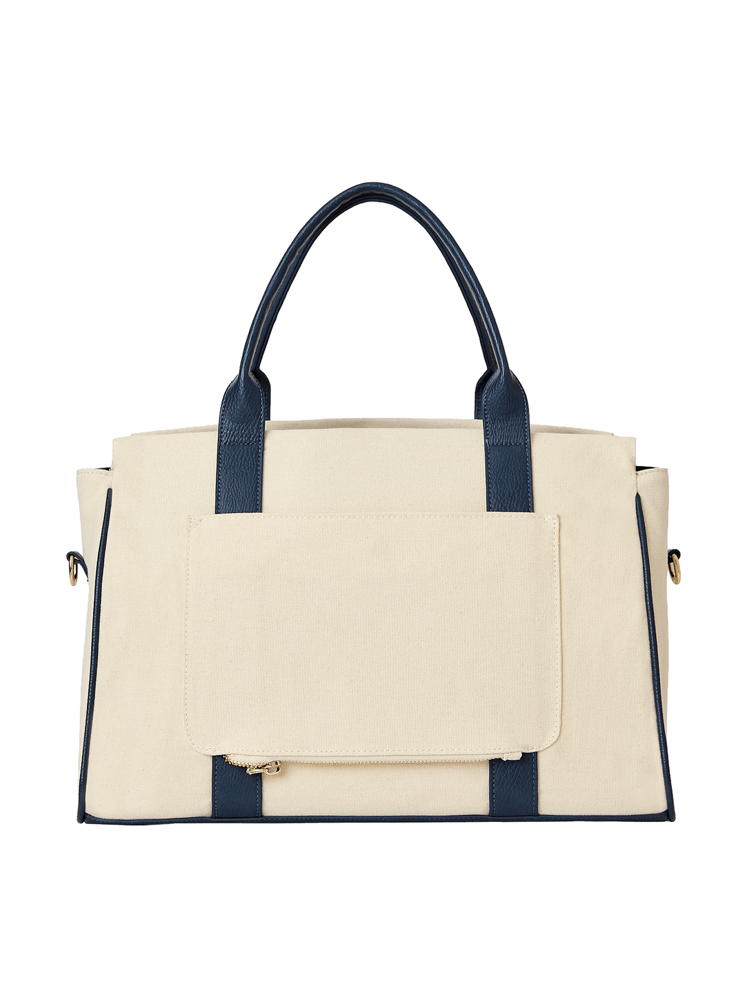 Natural canvas and navy handbag with gold hardware