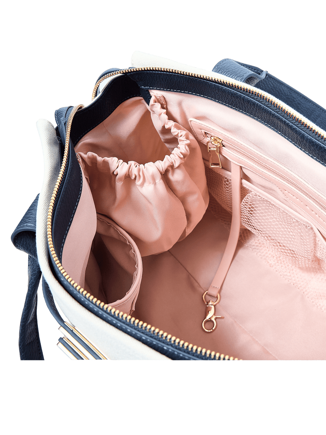 Open navy blue handbag with pink interior and gold zippers 