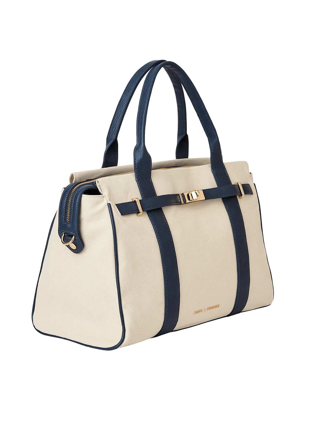 Natural canvas and navy handbag with gold hardware