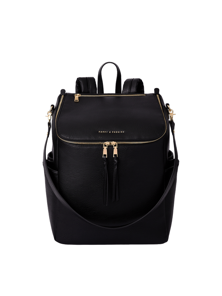 Poppy & Peonies Carryall Backpack in Black with Removable Crossbody Strap. 
